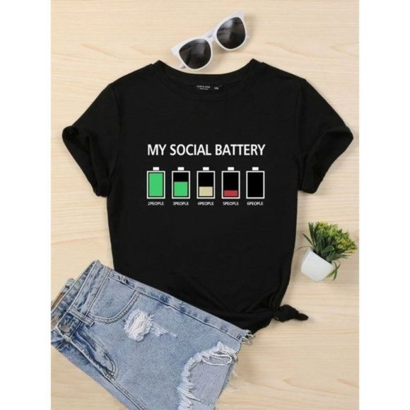 SHEIN My social Battery & Letter Graphic Tee Crewneck short Sleeve - Picture 1 of 9